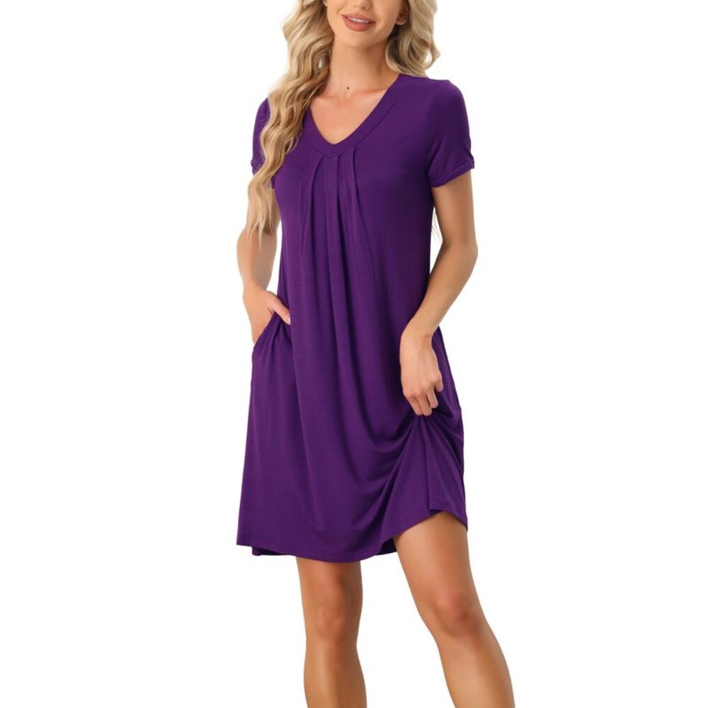 Womens Nightshirt Sleepwear Lounge Dress V-Neck with Pockets Pajama Dark Purple